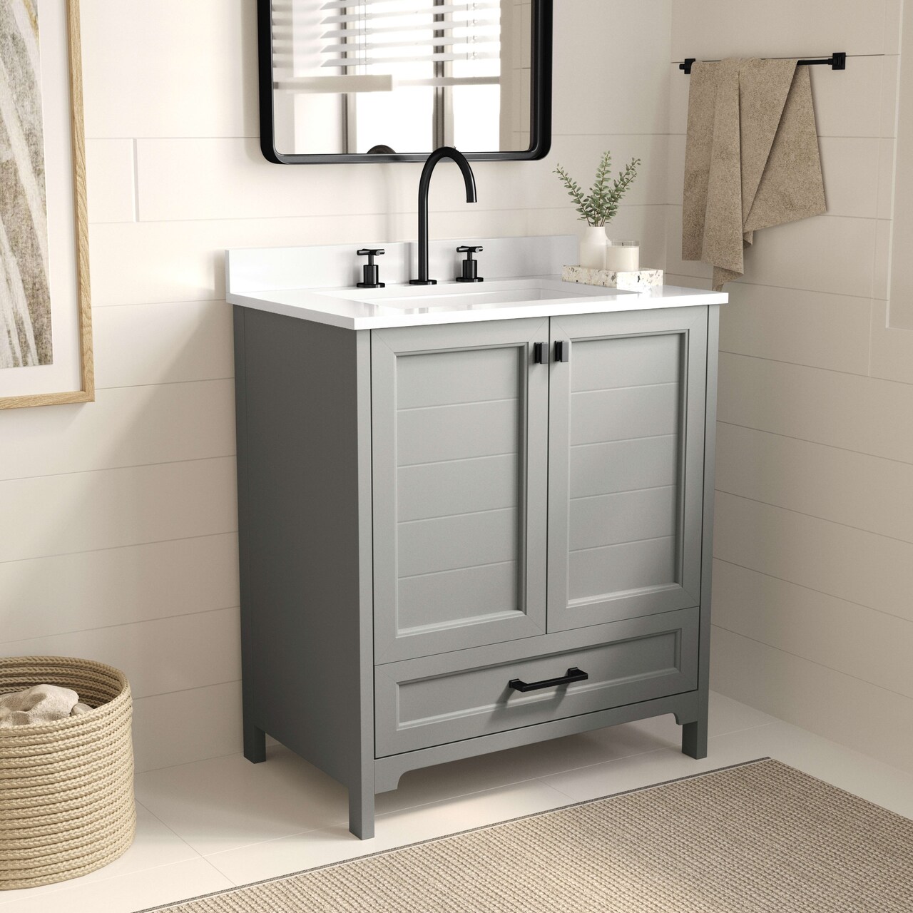 Merrick Lane Argos Single Sink Bathroom Vanity with Undermount Basin, Soft-Close Cabinet, Easy-Glide Drawer, and Carrara Marble Finish Countertop